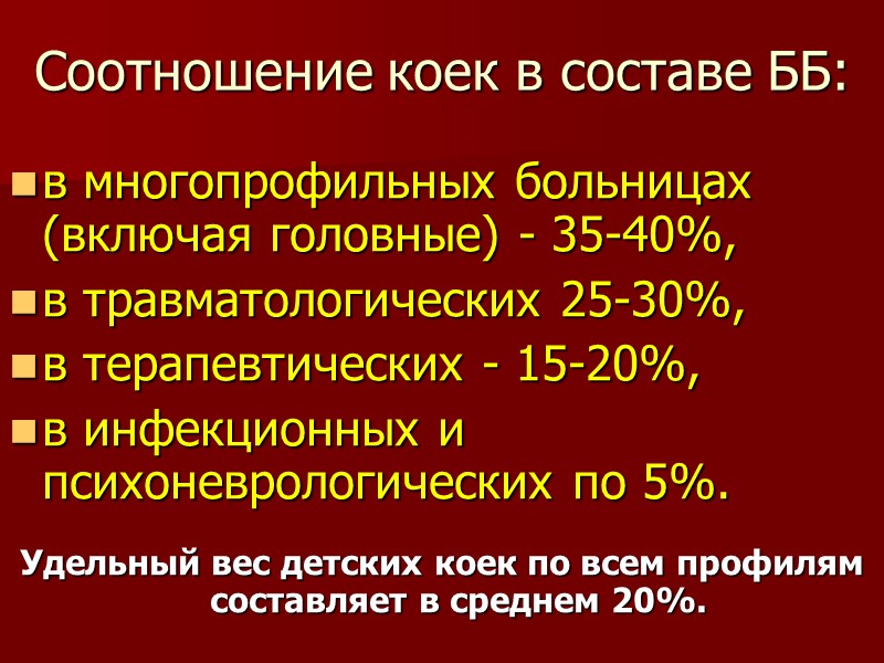 Соотношение коек в составе ББ: в многопрофильных больницах (включая головные) - 35-40%,  в